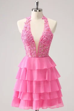 Hot Pink A Line Halter Tiered Corset Vestido Curto Homecoming