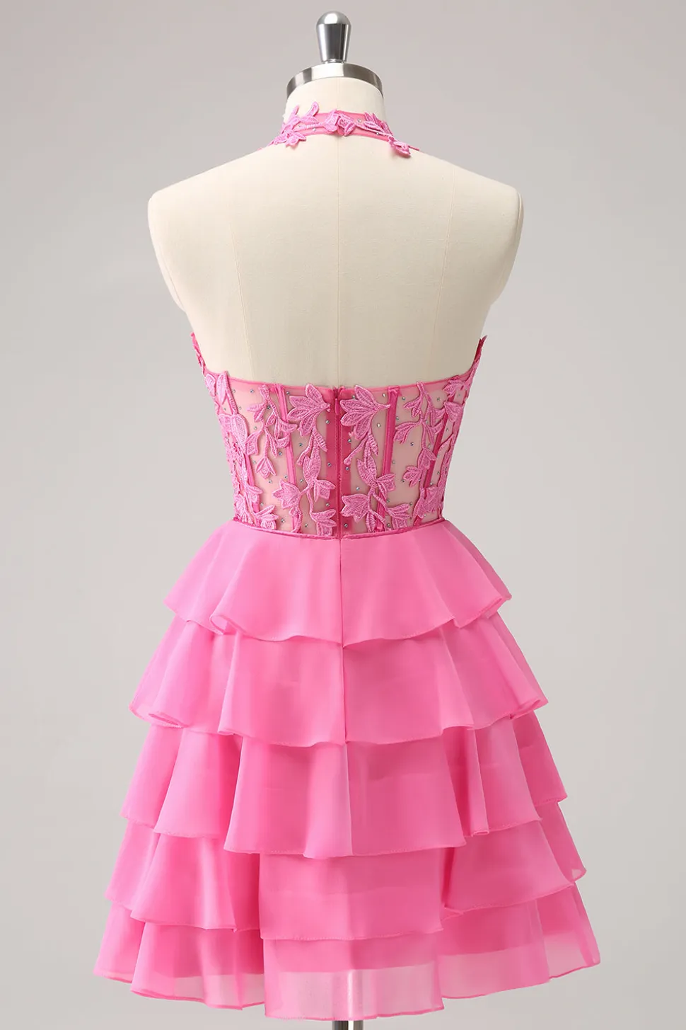 Hot Pink A Line Halter Tiered Corset Vestido Curto Homecoming