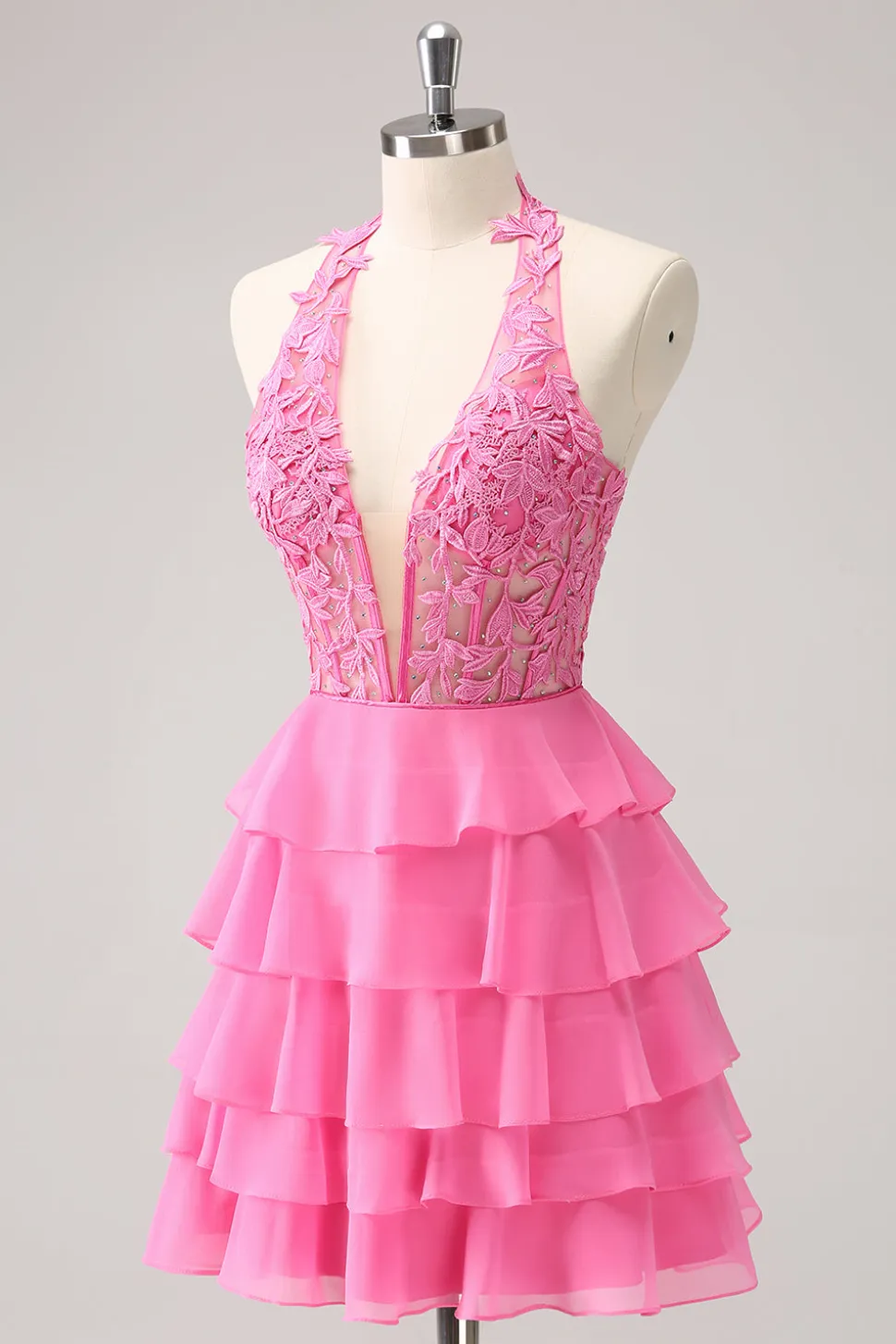 Hot Pink A Line Halter Tiered Corset Vestido Curto Homecoming