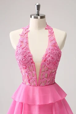 Hot Pink A Line Halter Tiered Corset Vestido Curto Homecoming
