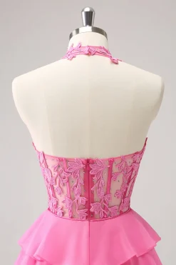 Hot Pink A Line Halter Tiered Corset Vestido Curto Homecoming