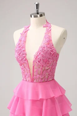 Hot Pink A Line Halter Tiered Corset Vestido Curto Homecoming