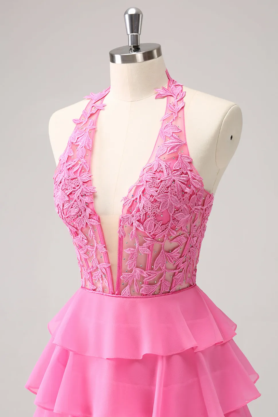 Hot Pink A Line Halter Tiered Corset Vestido Curto Homecoming