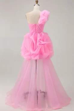 Hot Pink A Line One Shoulder Ruffled Vestido Curto Homecoming