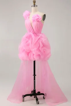 Hot Pink A Line One Shoulder Ruffled Vestido Curto Homecoming