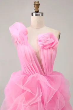 Hot Pink A Line One Shoulder Ruffled Vestido Curto Homecoming