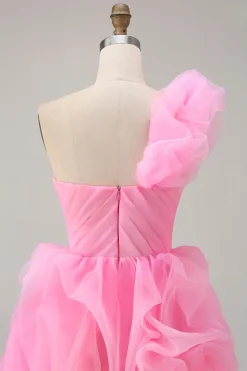 Hot Pink A Line One Shoulder Ruffled Vestido Curto Homecoming