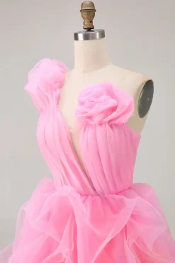 Hot Pink A Line One Shoulder Ruffled Vestido Curto Homecoming