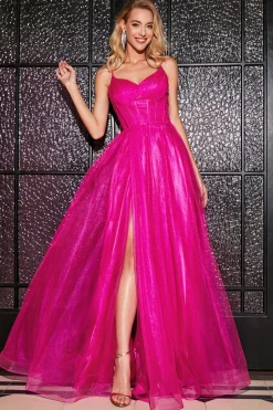 Hot Pink A-Line Esparguete Correias Long Corset Prom Dress com Fenda