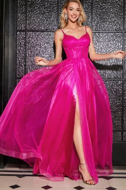 Hot Pink A-Line Esparguete Correias Long Corset Prom Dress com Fenda