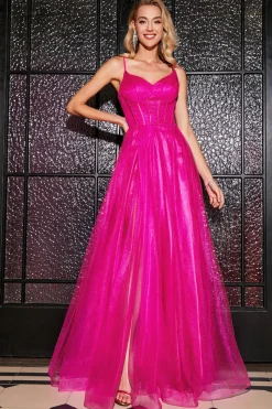 Hot Pink A-Line Esparguete Correias Long Corset Prom Dress com Fenda