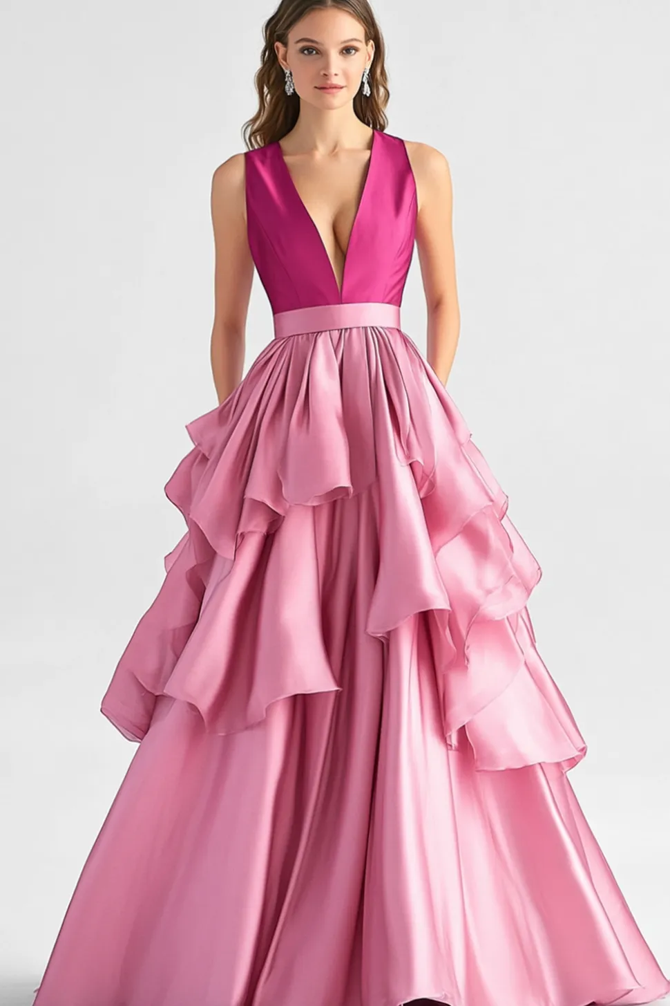 Hot Pink A-Line V Neck Ruffles Vestido Longo Baile