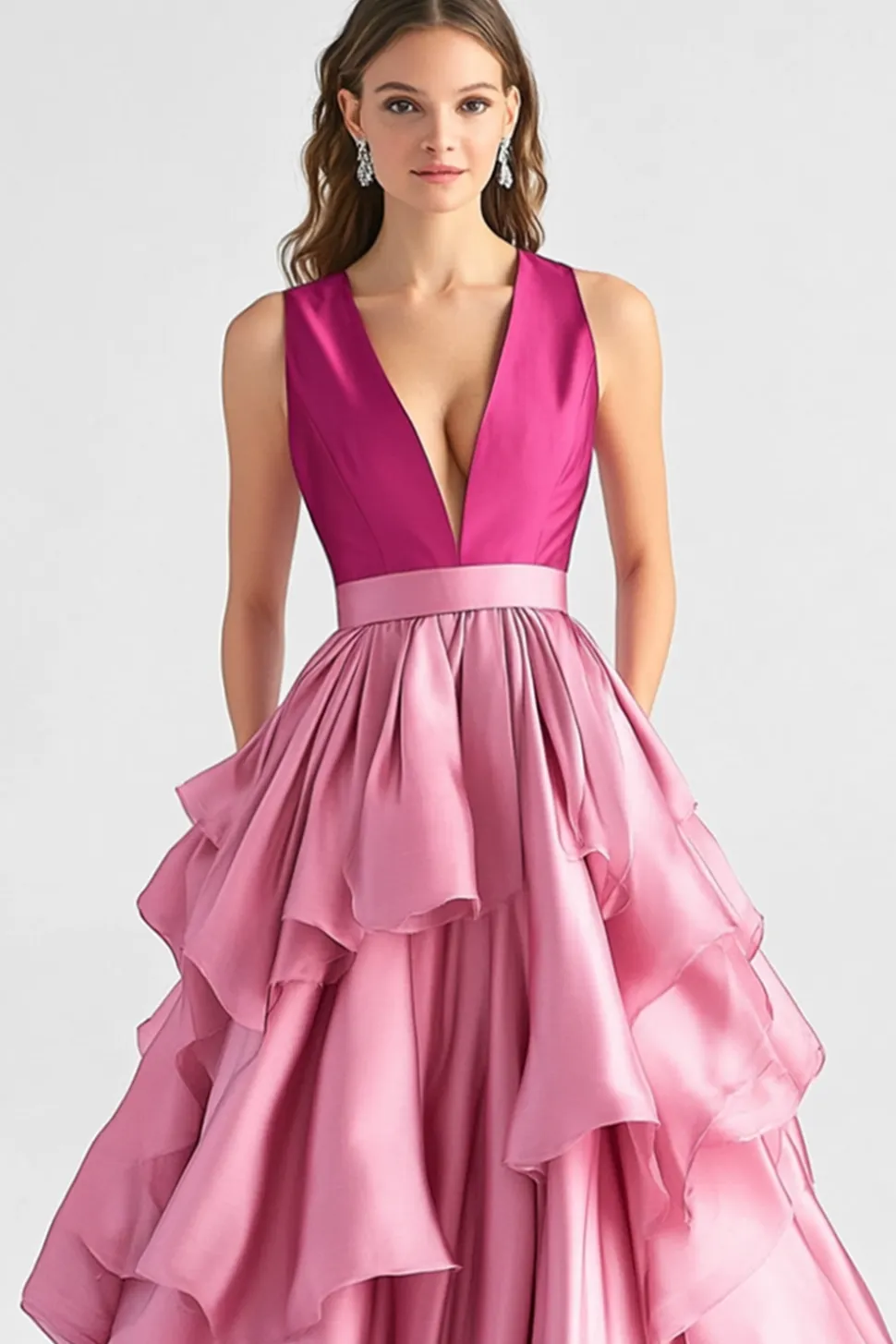 Hot Pink A-Line V Neck Ruffles Vestido Longo Baile