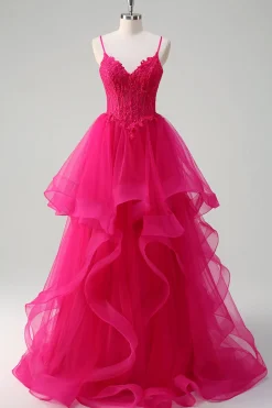 Hot Pink Appliques Corset Esparguete Correias Uma Linha Spiral Ruffles Prom Dress