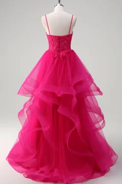 Hot Pink Appliques Corset Esparguete Correias Uma Linha Spiral Ruffles Prom Dress