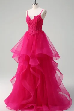 Hot Pink Appliques Corset Esparguete Correias Uma Linha Spiral Ruffles Prom Dress