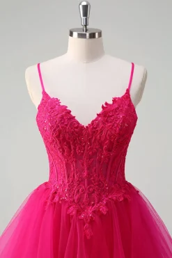 Hot Pink Appliques Corset Esparguete Correias Uma Linha Spiral Ruffles Prom Dress