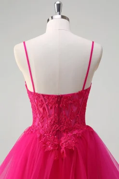 Hot Pink Appliques Corset Esparguete Correias Uma Linha Spiral Ruffles Prom Dress