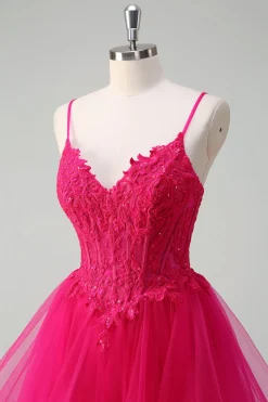 Hot Pink Appliques Corset Esparguete Correias Uma Linha Spiral Ruffles Prom Dress