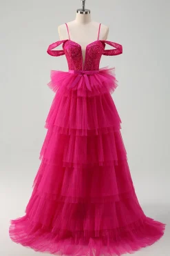 Hot Pink Cold Shoulder A-Line Tulle Tiered Long Prom Dress com Appliques