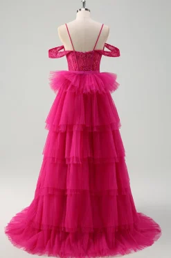 Hot Pink Cold Shoulder A-Line Tulle Tiered Long Prom Dress com Appliques