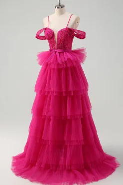 Hot Pink Cold Shoulder A-Line Tulle Tiered Long Prom Dress com Appliques