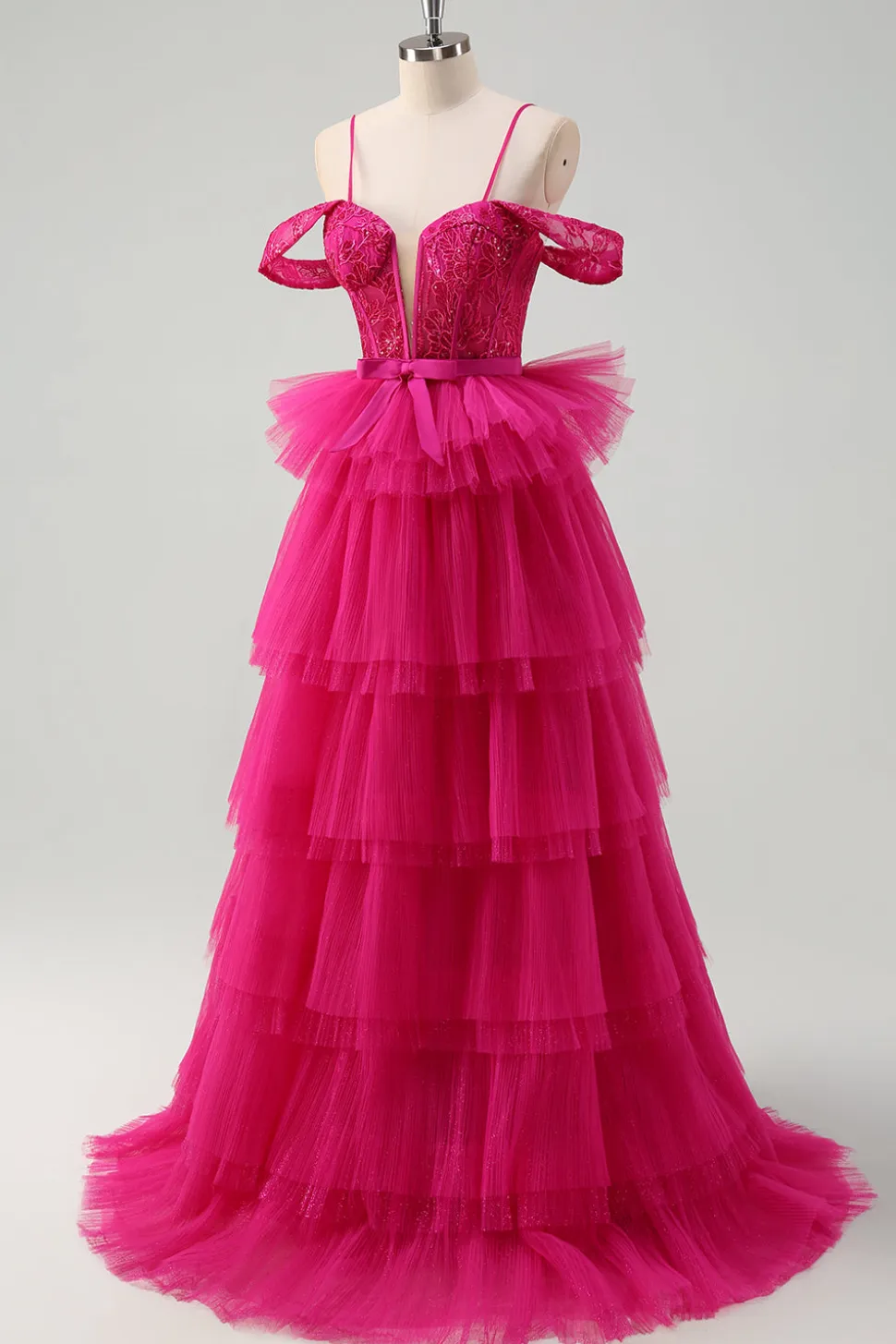 Hot Pink Cold Shoulder A-Line Tulle Tiered Long Prom Dress com Appliques