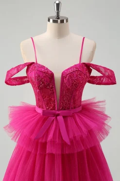 Hot Pink Cold Shoulder A-Line Tulle Tiered Long Prom Dress com Appliques
