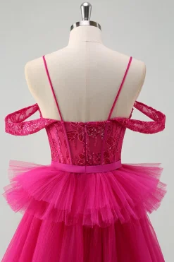 Hot Pink Cold Shoulder A-Line Tulle Tiered Long Prom Dress com Appliques