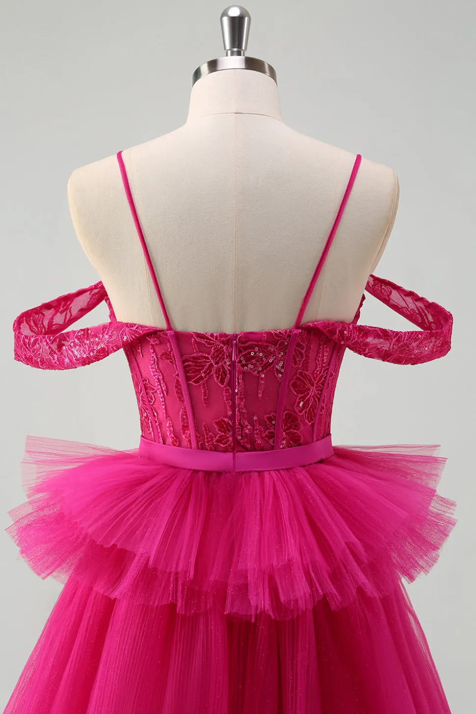 Hot Pink Cold Shoulder A-Line Tulle Tiered Long Prom Dress com Appliques