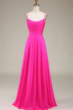 Hot Pink Espaghetti Correias A-line Prom Dress com Pregas