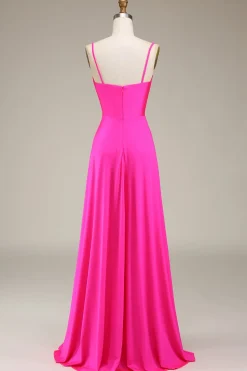 Hot Pink Espaghetti Correias A-line Prom Dress com Pregas