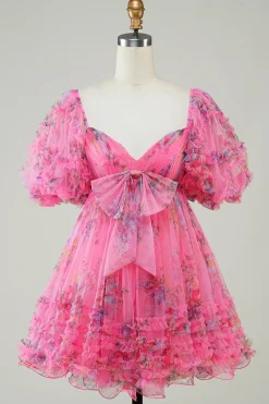 Hot Pink estampado vestido bonito Homecoming com arco