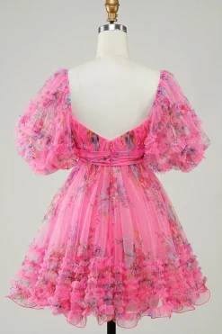 Hot Pink estampado vestido bonito Homecoming com arco
