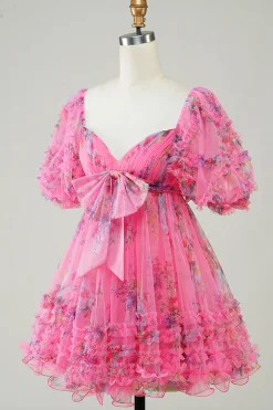 Hot Pink estampado vestido bonito Homecoming com arco