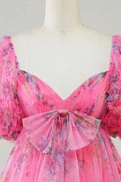 Hot Pink estampado vestido bonito Homecoming com arco