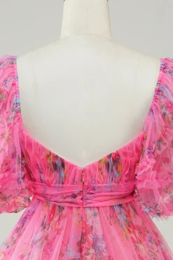 Hot Pink estampado vestido bonito Homecoming com arco