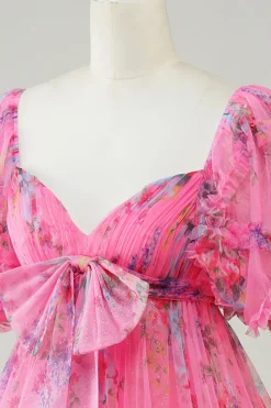 Hot Pink estampado vestido bonito Homecoming com arco