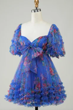 Hot Pink estampado vestido bonito Homecoming com arco