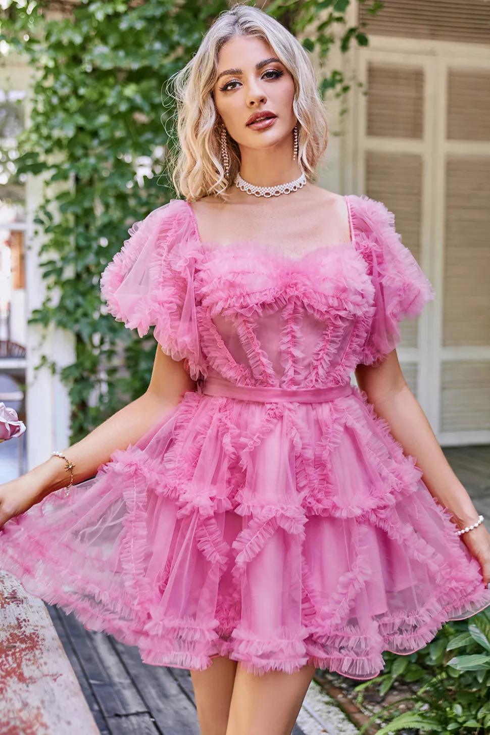 Hot Pink fora do ombro tule Homecoming vestido