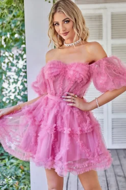 Hot Pink fora do ombro tule Homecoming vestido