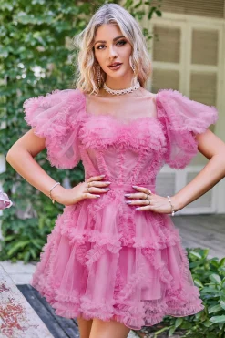 Hot Pink fora do ombro tule Homecoming vestido
