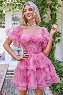 Hot Pink fora do ombro tule Homecoming vestido