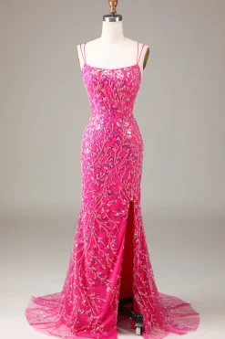Hot Pink Sequins & Vestido de Baile de Formatura de Sereia com Fenda