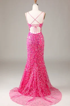 Hot Pink Sequins & Vestido de Baile de Formatura de Sereia com Fenda