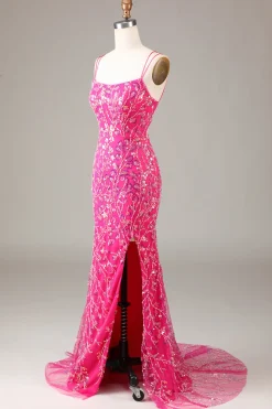 Hot Pink Sequins & Vestido de Baile de Formatura de Sereia com Fenda