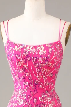 Hot Pink Sequins & Vestido de Baile de Formatura de Sereia com Fenda