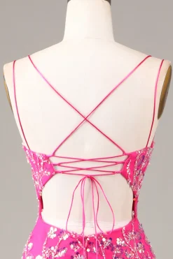Hot Pink Sequins & Vestido de Baile de Formatura de Sereia com Fenda