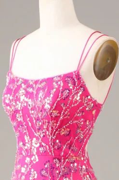 Hot Pink Sequins & Vestido de Baile de Formatura de Sereia com Fenda