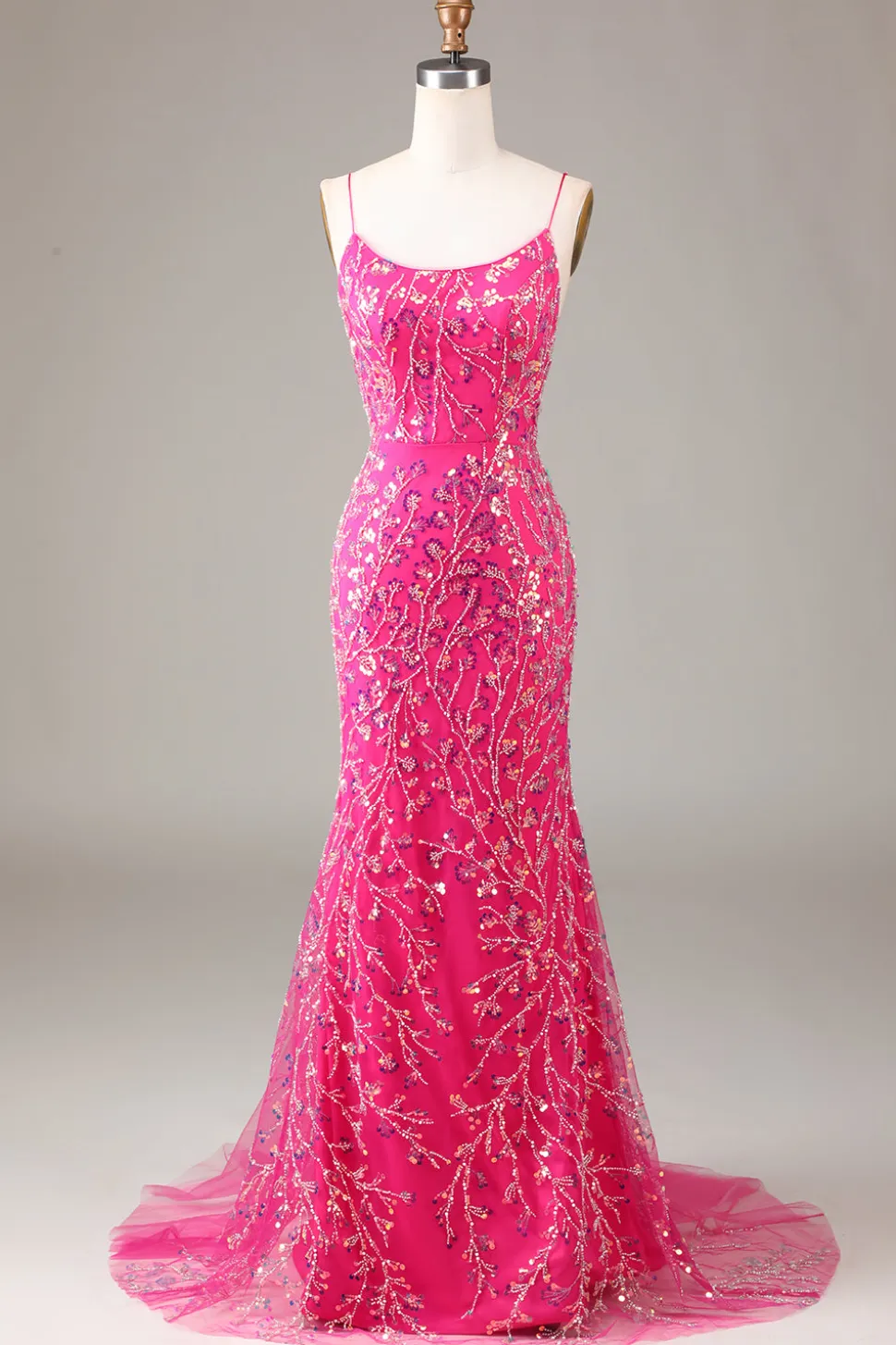 Hot Pink Sequins & Vestido de baile de sereia frisado com backless
